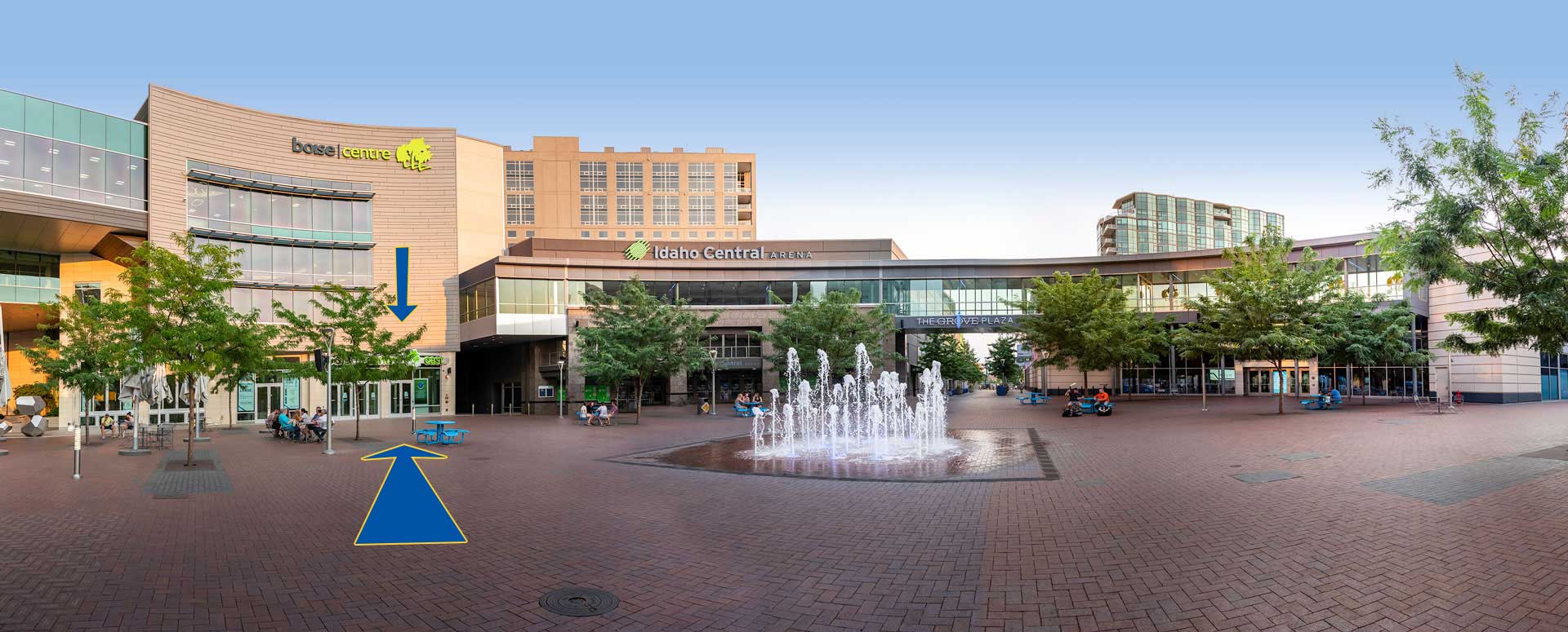 A pano of The Grove Plaza showing the entrance to Boise Center East on the left